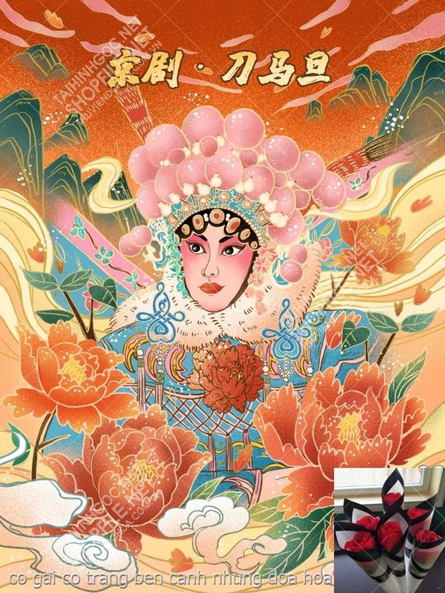 co gai co trang ben canh nhung doa hoa